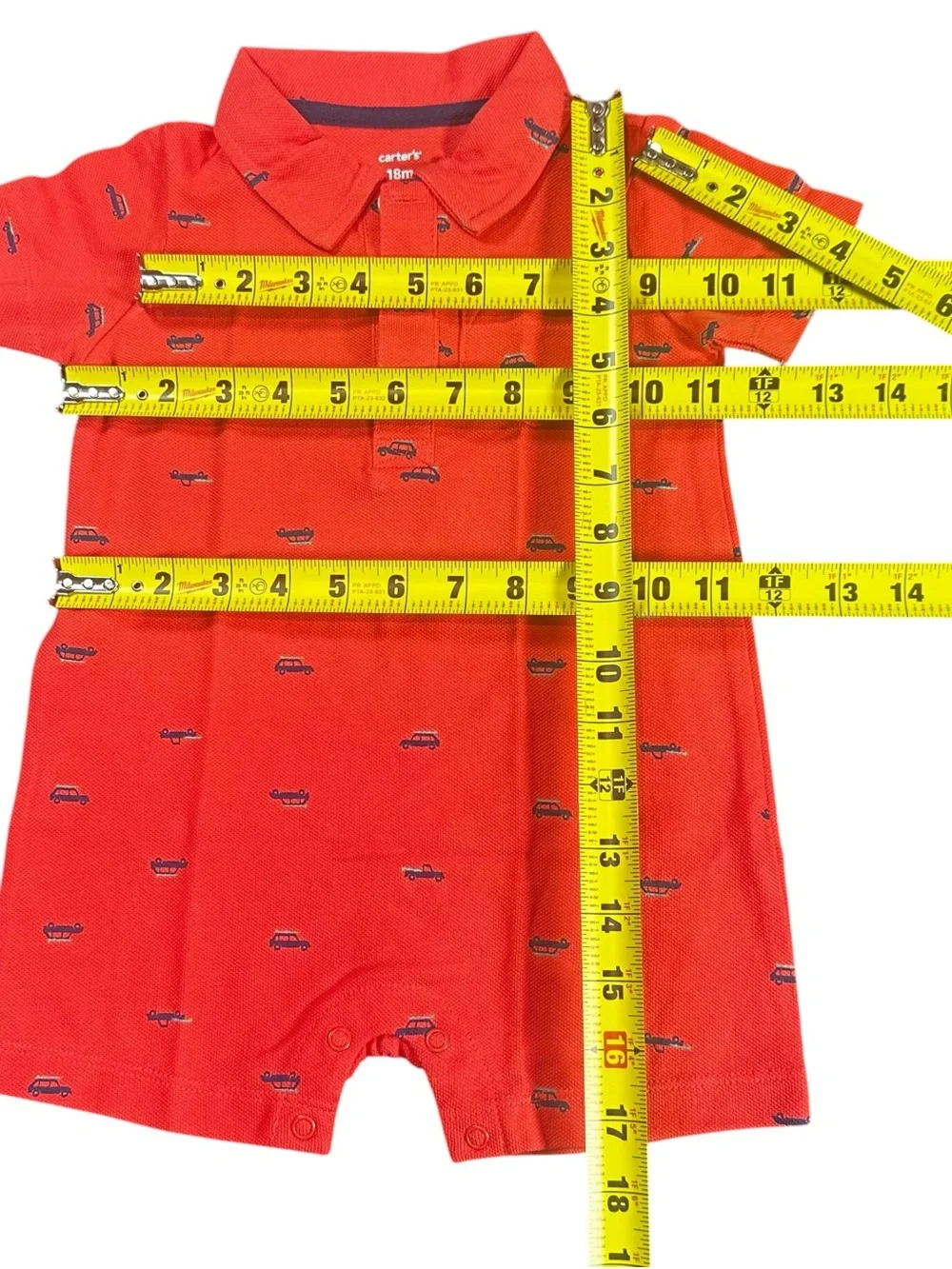 Carter’s Orange Car Print Polo Snap Closure Romper Size Boys 18 Months